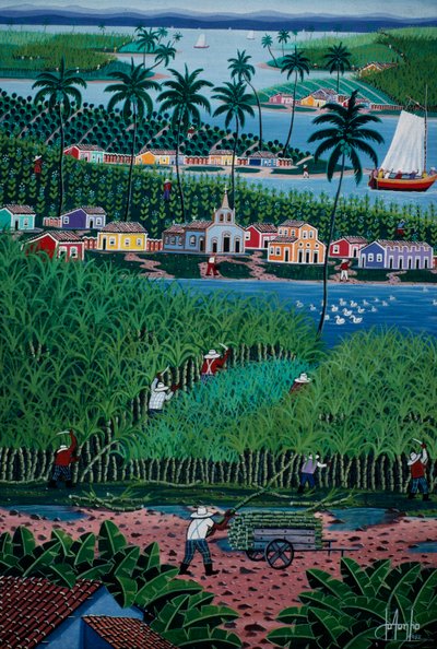 Naive Kunstmalerei, die Bambusernte darstellt, Bundesstaat Bahia, Brasilien von School Brazilian
