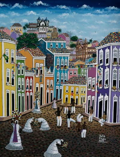 Naive Kunstmalerei, die eine Straßenszene darstellt, Bundesstaat Bahia, Brasilien von School Brazilian