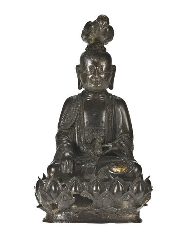 Figur von Guanyin, der chinesischen Göttin der Barmherzigkeit, sitzend auf einem Lotusdesign-Sockel mit einem Raben auf ihrem Kopf und einem Kaninchen in ihrer linken Hand von School Chinese