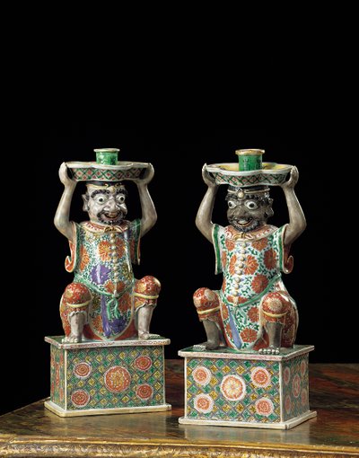 Paar Export-Famille-Verte-Kerzenhalter, Kangxi von School Chinese