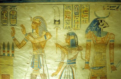 Altes Ägypten, Malerei/Gravur, Amon hir Khopshef Grab, Ramses III. mit seinem Sohn Amon-Hir, der ein Banner trägt von School Egyptian