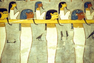 Altes Ägypten, Malerei, Götter der Unterwelt an Hathor, göttliche Kuh, gebunden, ziehen die Sonnenbarke, Grab des Ramses I., Theben von School Egyptian
