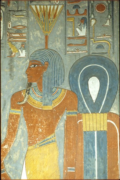 Altes Ägypten, Malerei, Grab von Horemheb, Theben 18. Dynastie, Gott Nefertum und Knoten der Isis, Nefertum oder Nefertem mit einem Wasserlilien- oder Lotus-Kopfschmuck (Foto) von School Egyptian