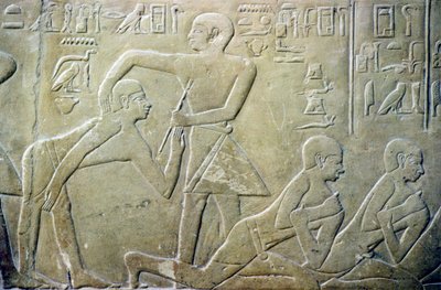 Altes Ägypten, Relief, Dorfbewohner müssen ihre fehlerhaften Steuererklärungen den Beamten eingestehen, Grab von Mereruka, 6. Dynastie von School Egyptian