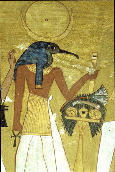 Altes Ägypten, Wandmalerei, Grab des Inherkhau, Theben, Gott Thoth stellt den Verstorbenen Osiris vor, 20. Dynastie, Ibis-köpfiger Gott mit Mondscheibe von School Egyptian