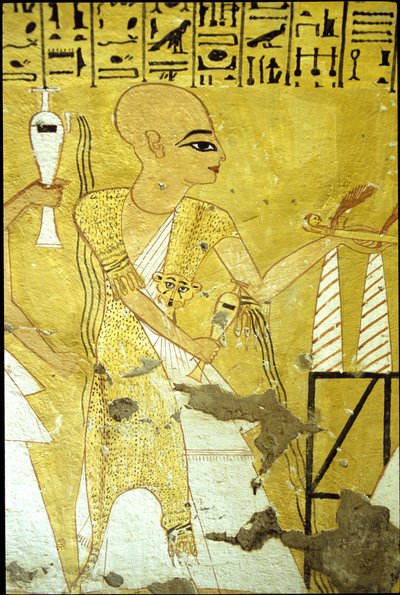 Altes Ägypten, Wandmalerei Grab von Inherkhau, Theben, Grab der Adligen, 20. Dynastie, Ein Priester gießt Trankopfer für Inherkhau von School Egyptian