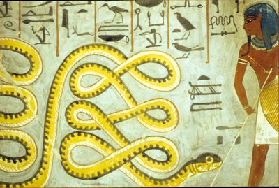 Altes Ägypten, Wandmalerei, Grab von Ramses I., Tal der Könige, Ramses I. tötet den Schlangengott der Unterwelt von School Egyptian