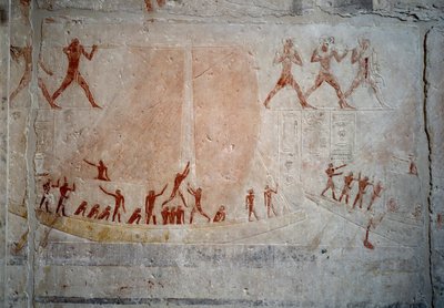 Ägyptische Antike: ein Segelboot. Kalksteinrelief aus der Kapelle des Mastaba von Akhethetep in Saqqara. 5. Dynastie (um 2500-2350 v. Chr.) 2300 v. Chr. Paris, Louvre Museum von School Egyptian