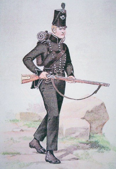 Soldat der 95. Gewehre, ca. 1810, bewaffnet mit dem Baker-Gewehr, entworfen von Ezekiel Baker aus London von School English