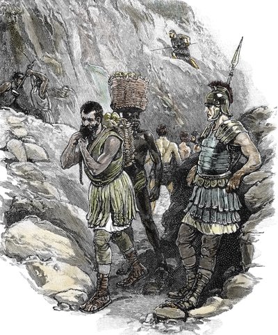 Römischer Legionär überwacht angelsächsische Arbeiter in einer Zinnmine, England 50 n. Chr. von School English