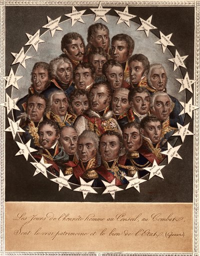 Ein Held durch den Sieg - Die Tage der Ehrlichkeit im Rat, im Kampf - sind das wahre Erbe und Gut des Staates. (Gressets) - 1. Marengo. Dessaix. 2. Montebello. Lannes. 3. Austerlitz. Rapp. 4. Eckmühl. Davoust. 5. Florus. Jourdan. 6. Wagram. Berthier von School French