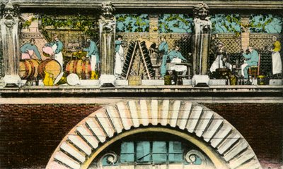 Fries des Eingangs des Hauses der Champagner Veuve Clicquot, Reims (Gravur, ca. 1910-1914) von School French