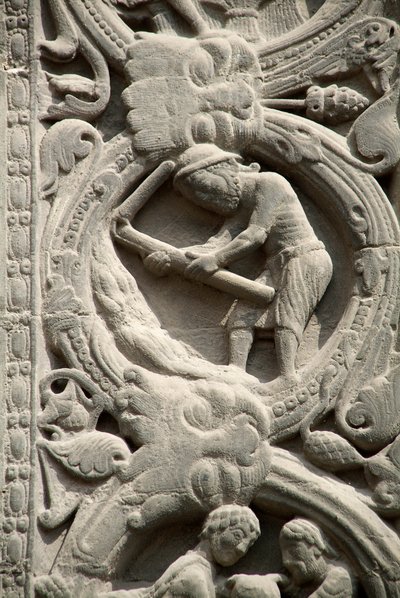 Gotische Kunst: Piedroit des rechten Portals der Westfassade der Basilika Saint Denis, das die Feldarbeit darstellt: August. Saint-Denis, Frankreich von School French