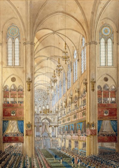 Innenraum der Kathedrale Notre Dame de Paris während der Krönung von Napoleon I. (1769-1821) am 2.12.1804 von School French