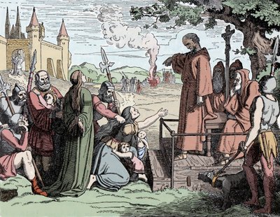 Juden, die im Mittelalter lebendig verbrannt werden (Farblithografie) von School French