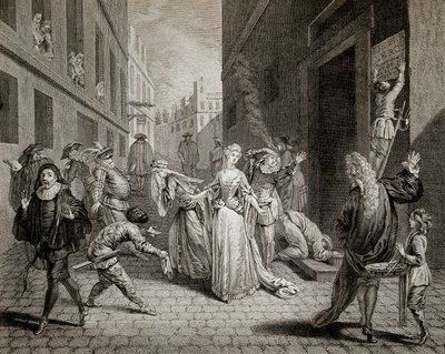 Terror (1793-1794): Italienische Komödianten werden aus Paris vertrieben. Gravur von School French