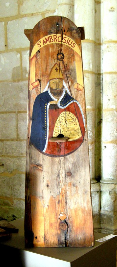 Bienenstock mit einem Bild von St. Ambrosius von School German