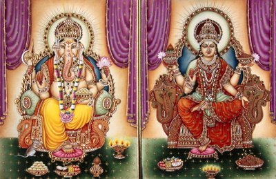 Lord Ganesh Ganpati Göttin und Lakshmi Miniaturmalerei auf Elfenbein von School Indian
