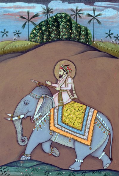 Miniaturmalerei des Mogulkaisers Shah Jahan auf einem Elefanten sitzend von School Indian