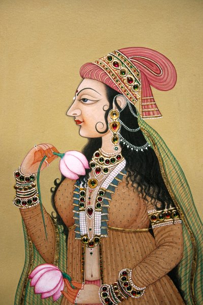 Miniaturmalerei auf Papier Porträt einer königlichen Mogul-Dame von School Indian