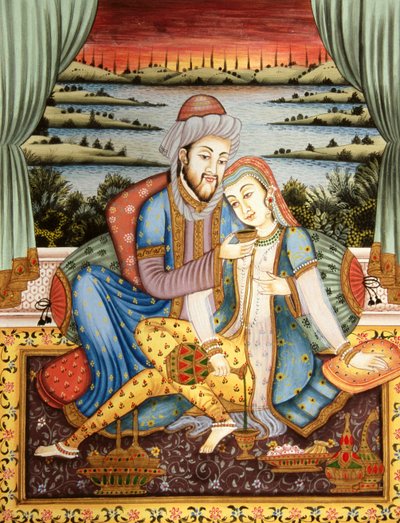 Malerei des Mogulkaisers mit seiner Frau in Liebesszene, Indien von School Indian