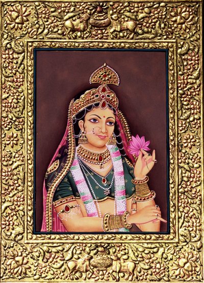 Radha Miniaturmalerei auf Papier mit Goldprägung von School Indian