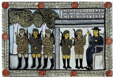 Die Geschichte der Anschläge vom 11. September 2001 erzählt von den Baul-Händlern aus Bengalen. Malerei, Serie, Nummer 4/9, Bengalen. von School Indian