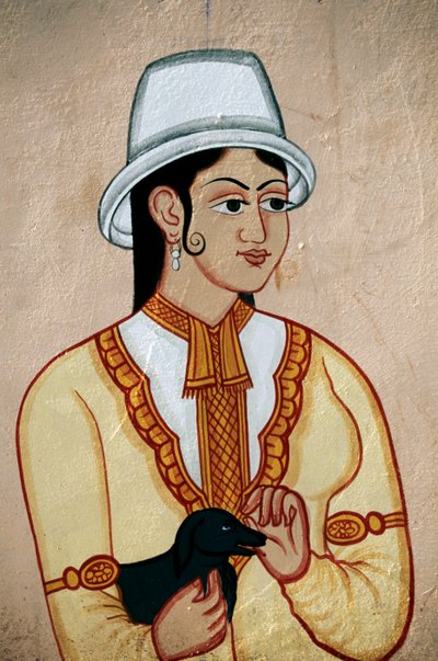 Wandmalerei einer britischen Dame mit Welpen, Jaipur, Rajasthan, Indien von School Indian