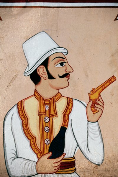 Wandmalerei eines britischen Soldaten mit Pistole, Jaipur, Rajasthan, Indien von School Indian