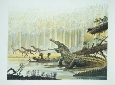Rutiodon mit Fabrosaurus im Hintergrund, Trias-Periode von School Italian
