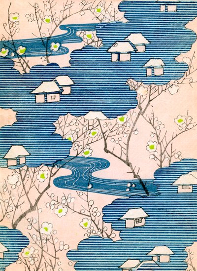 Muster für ein Kimonodesign: Hütten mit Flüssen und Kirschblüten, ca. 1900 von School Japanese