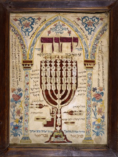 Elsässischer Misrach, der die Richtung nach Jerusalem in den jüdischen Häusern anzeigt und die Menora (siebenarmiger Leuchter) darstellt. Musée d