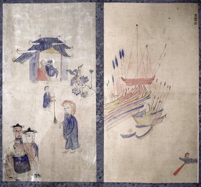 Ein Panel eines achtteiligen Bildschirms, das eine Geschichte der drei Königreiche darstellt von School Korean