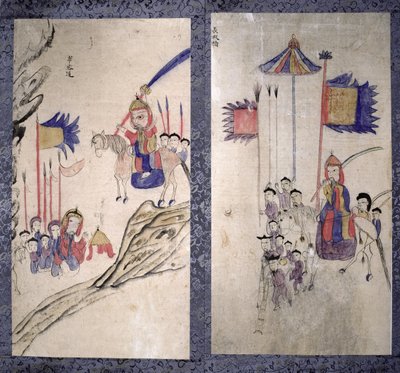 Ein Panel von einem achtteiligen Bildschirm, das eine Geschichte der drei Königreiche darstellt von School Korean