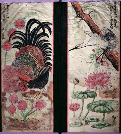 Zwei Tafeln eines achtteiligen Bildschirms mit Vögeln und Blumen von School Korean