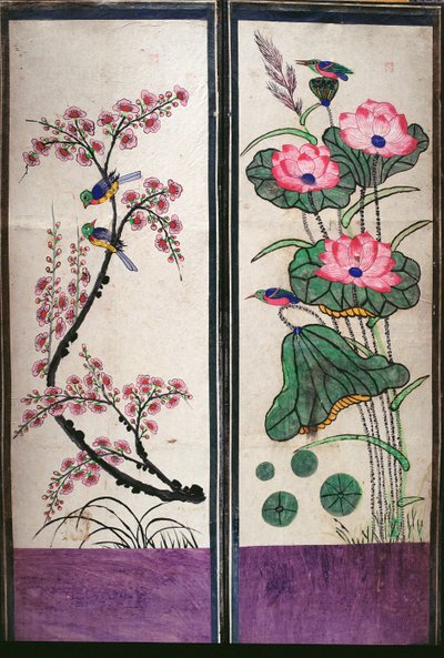 Zwei Paneele eines achtteiligen Paravents mit Vögeln und Blumen von School Korean