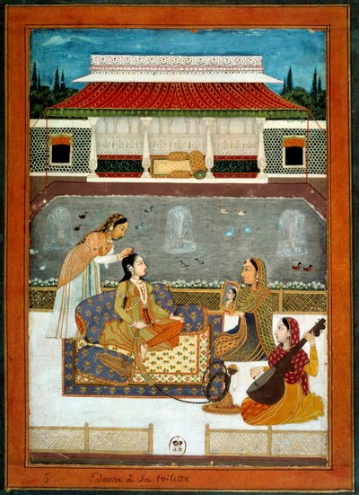 Eine indische Prinzessin bei ihrer Miniaturtoilette aus der Mughole-Schule von 1740 von School Mughal