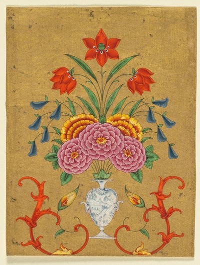 Vase mit Blumenarrangement und Rollwerk von School Mughal