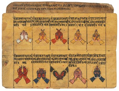 Ein Thyasapu-Manuskript mit ikonografischen Illustrationen von Mudras, Nepal von School Nepalese