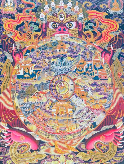Bild des Lebensrades, das den Kalachakra oder das verblendete Dasein im Mund von Yama, dem Gott des Todes, darstellt, der Geburt, Tod und Wiedergeburt repräsentiert von School Nepalese