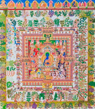 Medizin-Buddha-Mandala, die zentrale Figur des Bhaisajyaguru repräsentiert den höchsten Heiler in Mönchsgewändern mit einer Schale, die Heilpflanzen enthält von School Nepalese