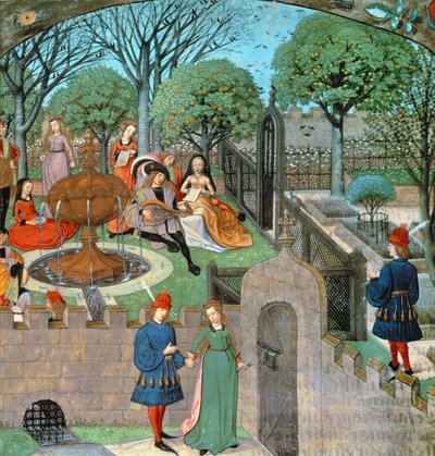 Gartenszene, der Liebhaber und Dame Oyseuse (Müßiggang) außerhalb der Gartenmauern, aus dem 