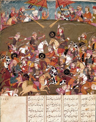 Islamische Kunst: Kampfszene. Persische Miniatur aus einem Manuskript des Epos „Schahnameh“ (Buch der Könige) von Ferdowsi von School Persian