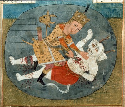 Rostam, Sohn von Zal, tötet den weißen Dämon von Mazandaran, Miniatur aus einem Manuskript des Epos Shahnama von Firdawsi von School Persian