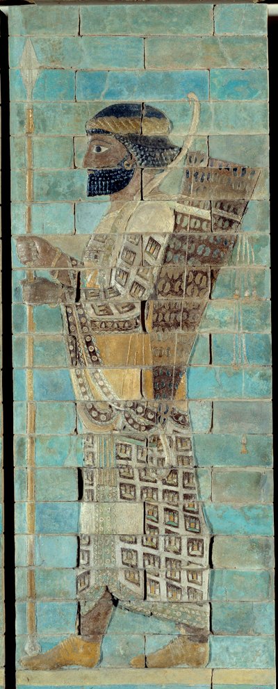 Das Fries der Bogenschützen, aus dem Palast von Darius I., König von Persien, in Susa (5. Jahrhundert v. Chr.). Emailliertes Ziegelrelief. Paris, Louvre Museum. von School Persian