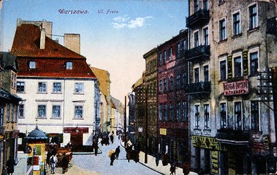 Postkarte, die eine Straßenszene im alten Zentrum von Warschau zeigt, ca. 1910 von School Polish