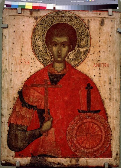 Porträt des Heiligen Demetrios von Thessaloniki, christlicher Märtyrer des 4. Jahrhunderts. Russische Ikone des 15. Jahrhunderts von School Russian