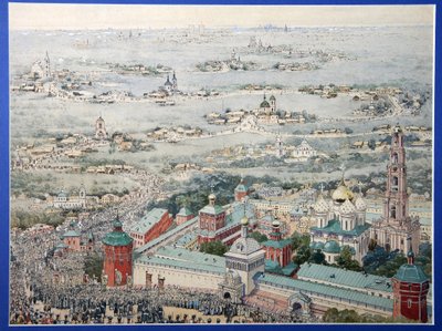 Blick auf das Dreifaltigkeitskloster von Sergius in Sergiyev Posad mit der Osterprozession aus Moskau von School Russian