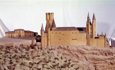 Militärarchitektur: Miniaturmodell des Königlichen Alcazar von Segovia, gebaut von König Alfons VI. von Kastilien. Madrid, Armeemuseum von School Spanish