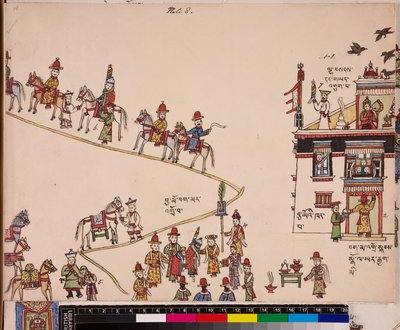 Illustration eines Teils einer Hochzeitszeremonie: Die Braut wird von ihrem Haus abgeholt, ca. 1844 - 62 von School Tibetan